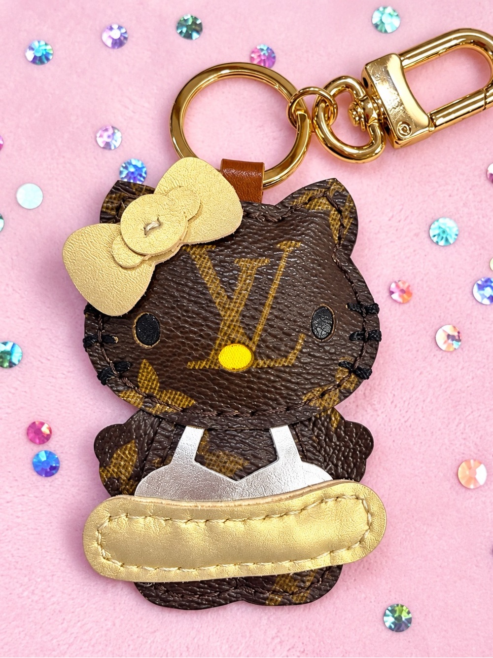 Handmade HK Style Upcycled Leatherette Keychain Charm in Brown and Gold